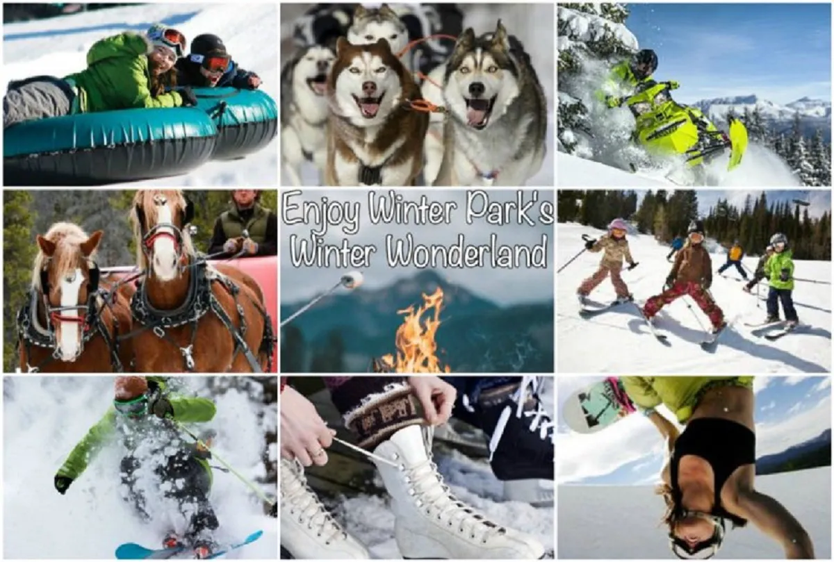 Set in a snowy outdoor landscape, this lively image features people enjoying various winter activities such as tubing, dog sledding with huskies, snowmobiling, and horse-drawn sleigh rides. Children play in the snow, and a campfire adds a festive, communal atmosphere.