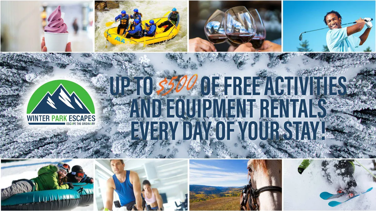 A lively outdoor scene capturing various seasonal activities including families skiing on snowy slopes, groups enjoying white-water rafting, people horseback riding through scenic trails, and friends sampling local wines on a sunny patio. The backdrop features breathtaking mountain vistas and vibrant blue skies, adding to the sense of adventure and excitement.