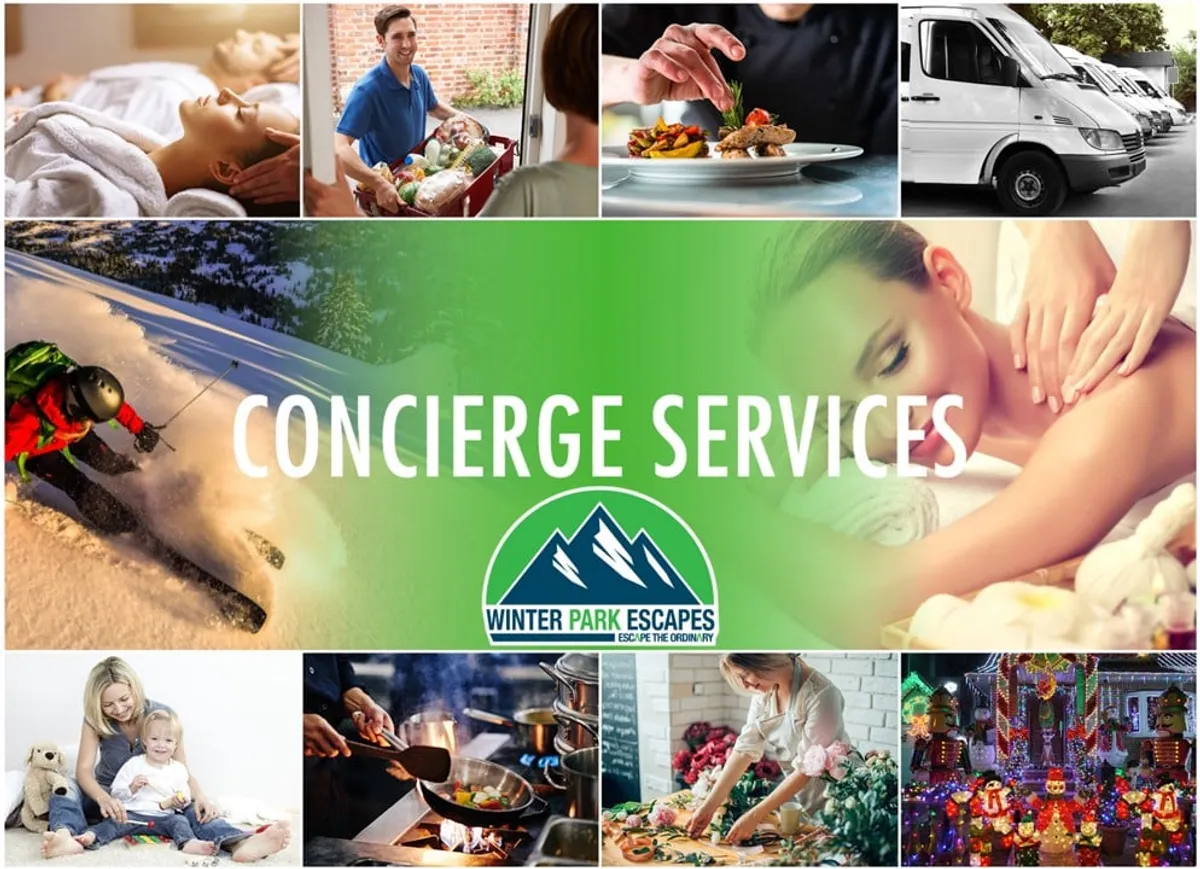 This interior collage captures a variety of luxury services and experiences, including personal concierge offerings, spa treatments, food preparation, skiing, and family celebrations. The image evokes the breadth of curated resort-style amenities available to guests within the privacy of the chalet.