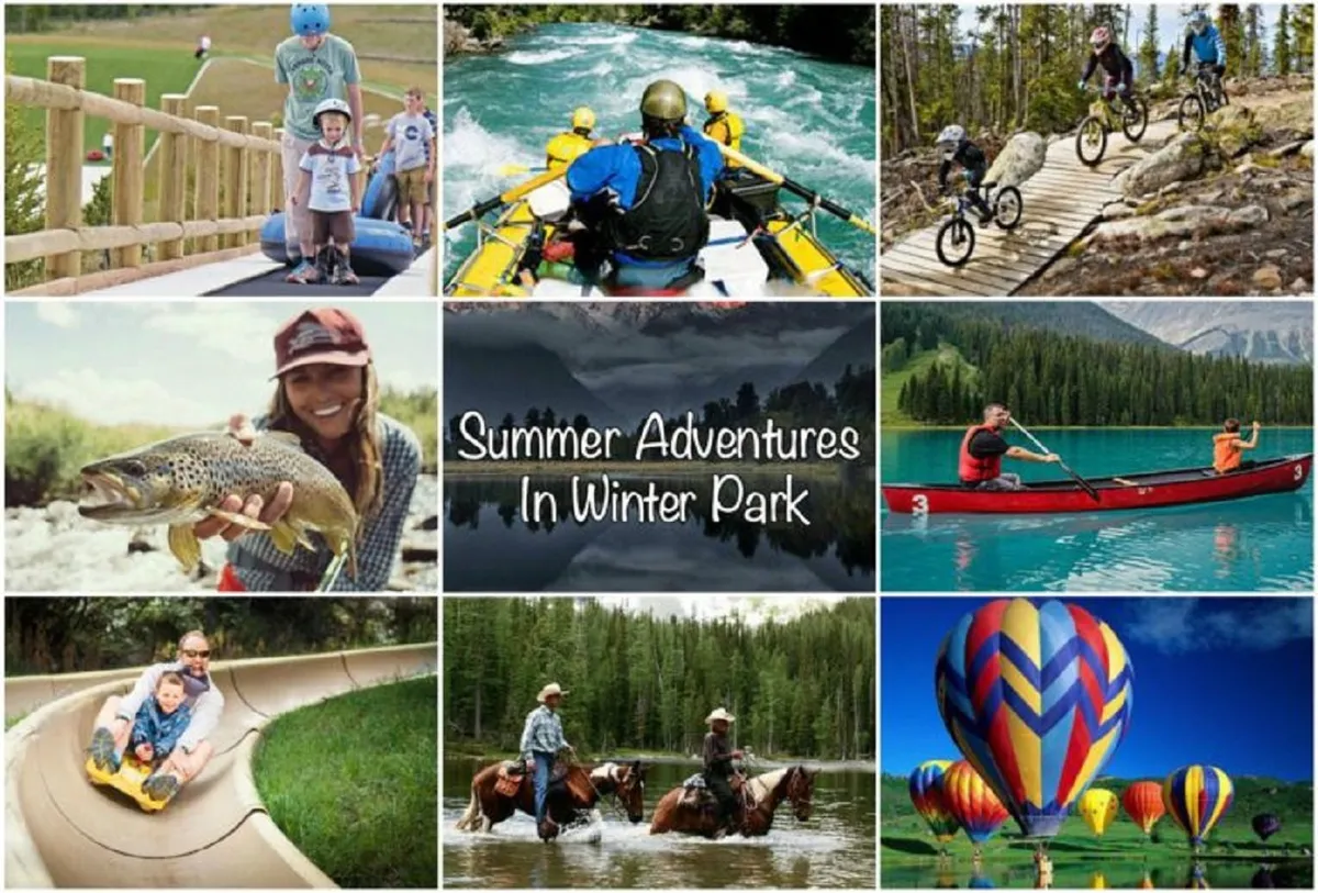 A colorful and animated scene of families and groups engaging in outdoor pursuits such as rafting down a river, biking on mountain trails, fishing, kayaking, children playing on a slide, horseback riding, and even hot air ballooning. The image is full of movement and joy, set against a beautiful natural landscape.